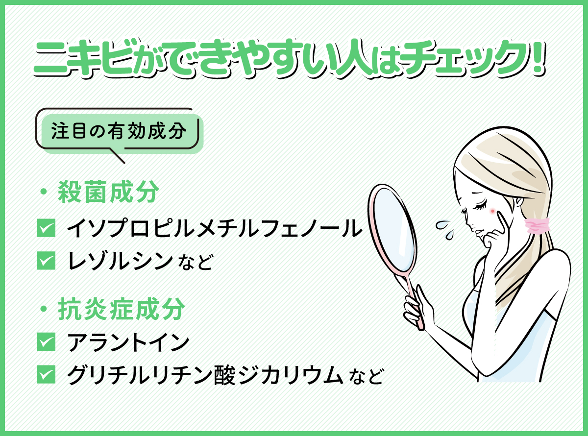 ニキビができやすい人はチェック！イソプロピルメチルフェノール・レゾルシンなどの殺菌成分やアラントイン・グリチルリチン酸ジカリウムなどの抗炎症成分に注目。