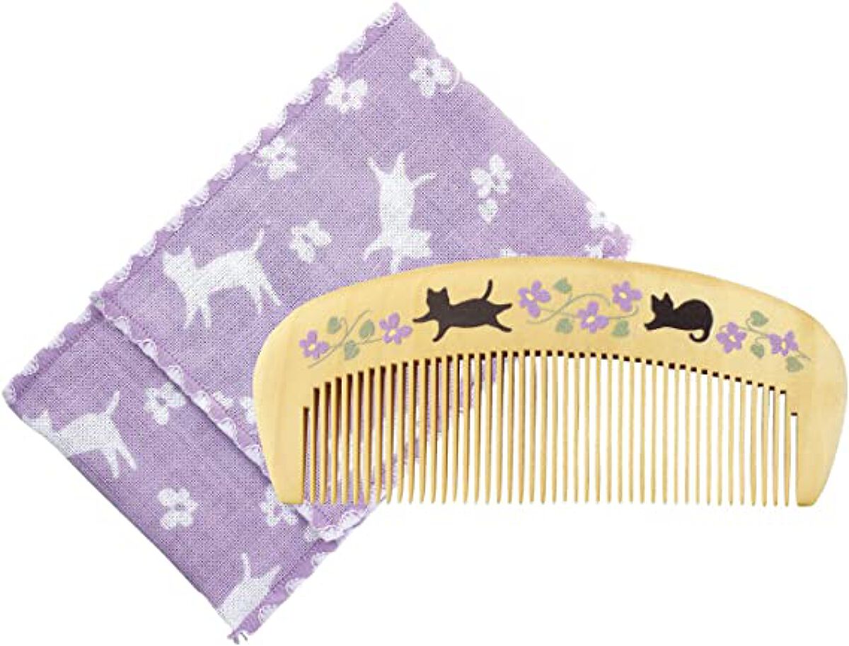 くろちく 椿堂 潤いつげ櫛 ケース付き 花猫