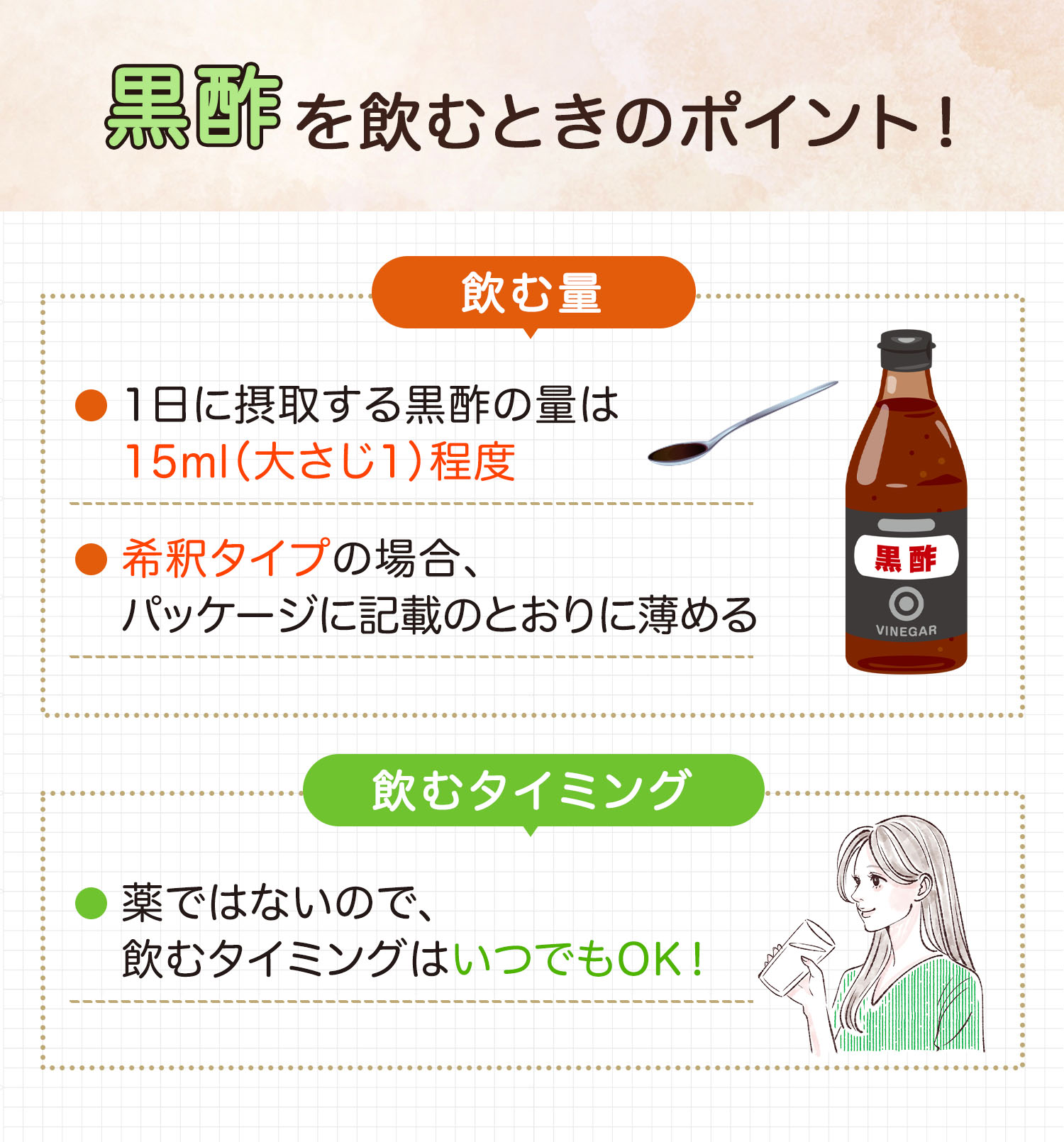 黒酢を飲むときのポイント！1日に摂取する黒酢の量は15ml（大さじ1）程度。希釈タイプの場合、パッケージに記載のとおりに薄める。薬ではないので、飲むタイミングはいつでもOK！