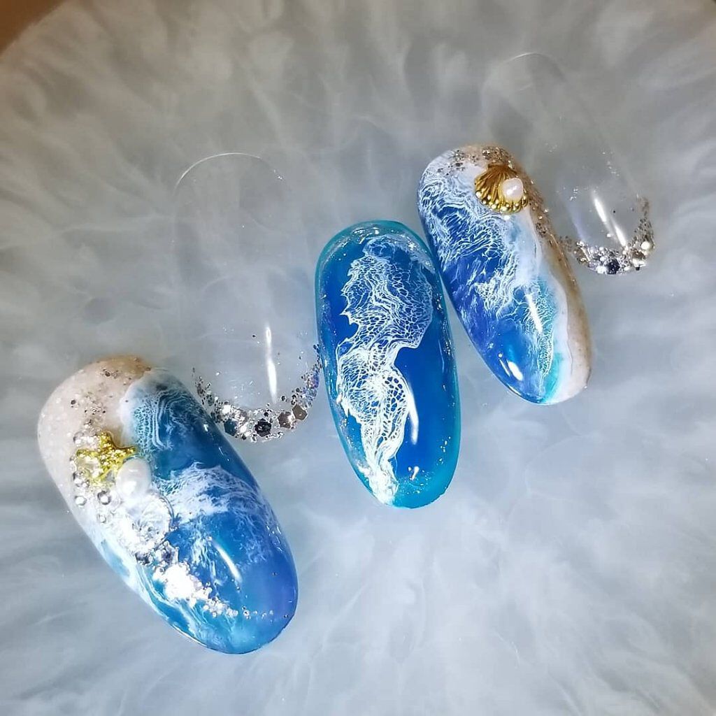 #ネイル,#ジェルネイル,#夏ネイル,#海ネイル,#キラキラネイルのネイルデザイン