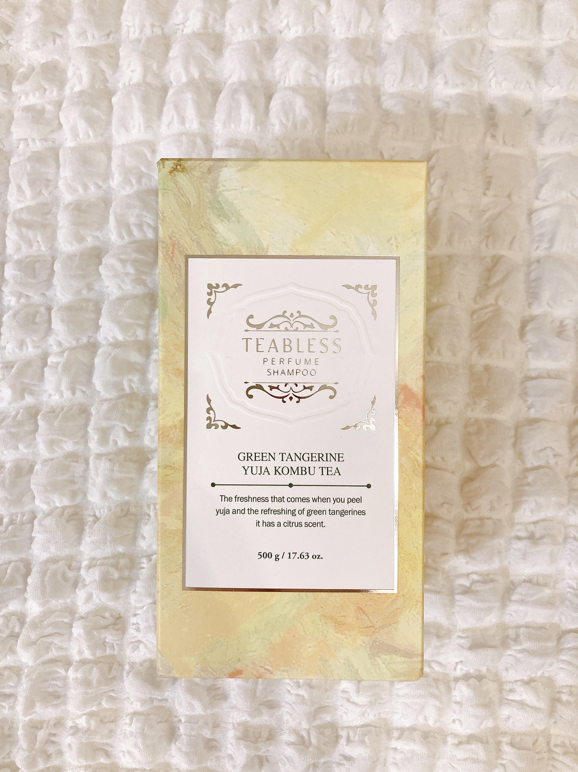 TEABLESS 清柑柚子コンブチャパヒューム薄毛ケアシャンプーのクチコミ「清柑柚子コンブチャパフューム薄毛ケアシャンプーを使ってみました💚

まず外箱から可愛くて、中を.....」（3枚目）