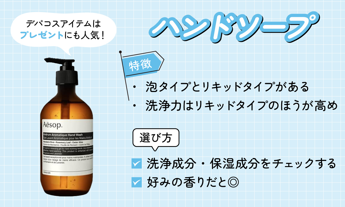 ハンドソープは、泡タイプとリキッドタイプがあり洗浄力はリキッドタイプが高めなのが特徴。洗浄成分・保湿成分をチェックして好みの香りを選ぶのがおすすめ。