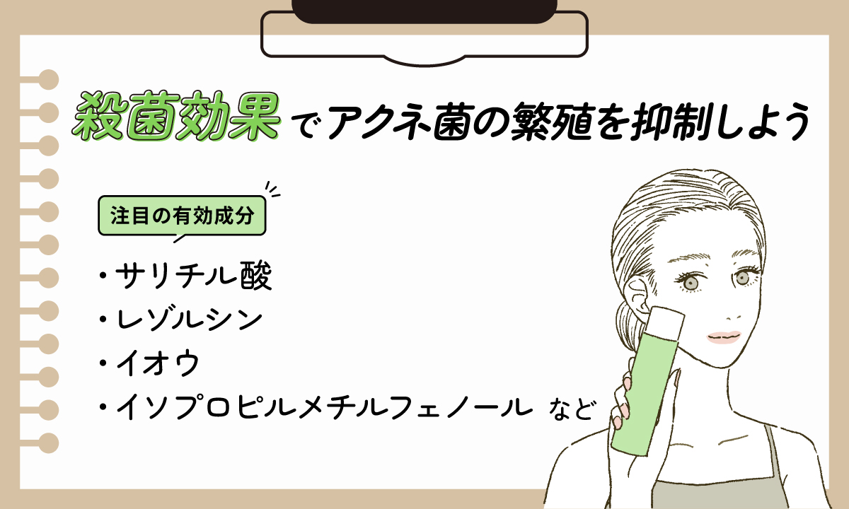 殺菌効果でアクネ菌の繁殖を抑制しよう。注目の有効成分はサリチル酸・レゾルシン・イオウ・イソプロピルメチルフェノールなど。