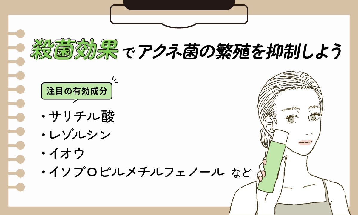 殺菌効果でアクネ菌の繁殖を抑制しよう。注目の有効成分はサリチル酸・レゾルシン・イオウ・イソプロピルメチルフェノールなど。