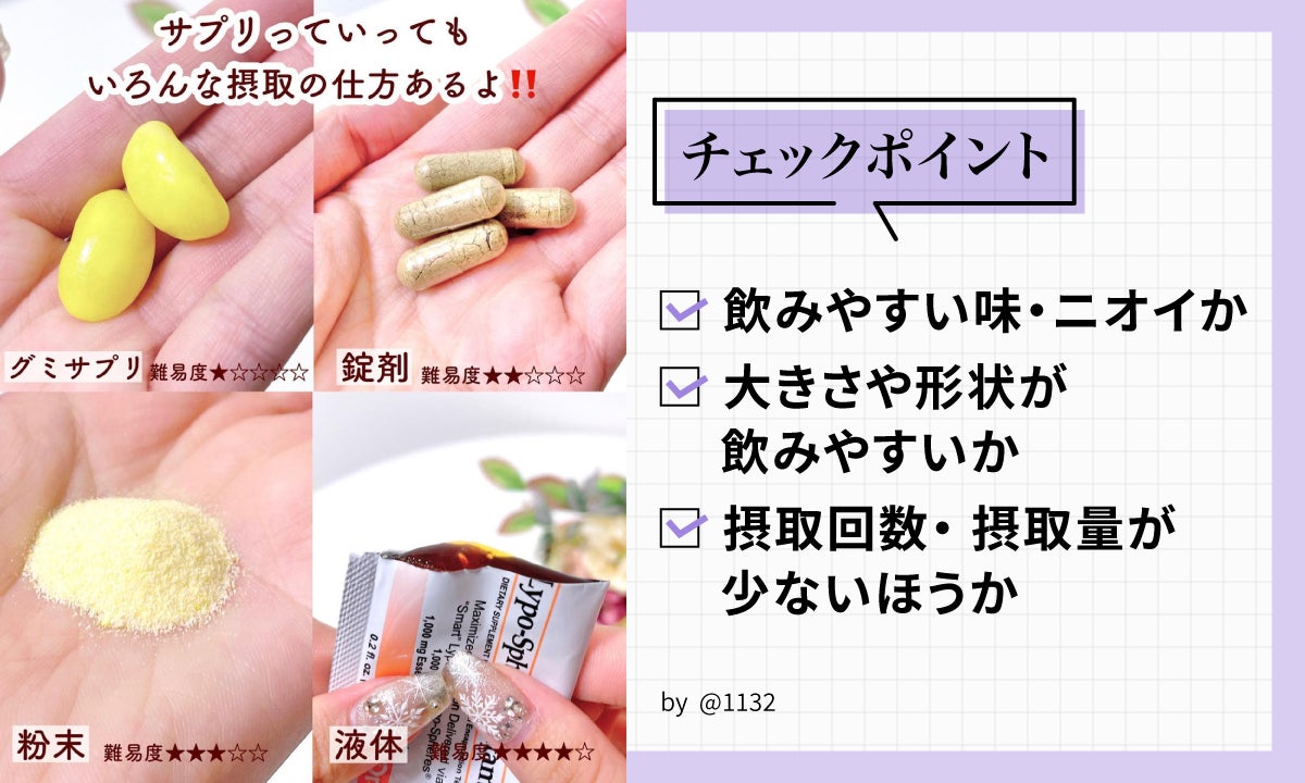 飲みやすい味・ニオイか、大きさや形状が飲みやすいか、摂取回数・ 摂取量が少ないほうかがチェックポイント。