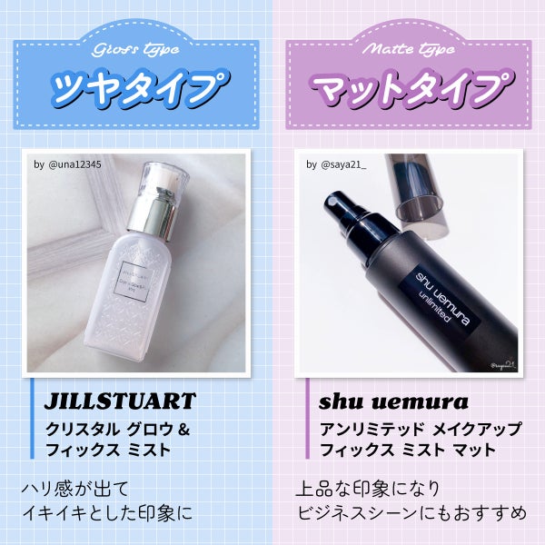 ハリ感が出てイキイキとした印象に仕上がるツヤタイプはJILLSTUART クリスタル グロウ&フィックス ミスト、上品な印象になりビジネスシーンにもおすすめのマットタイプはshu uemura アンリミテッド メイクアップ フィックス ミストがおすすめ。