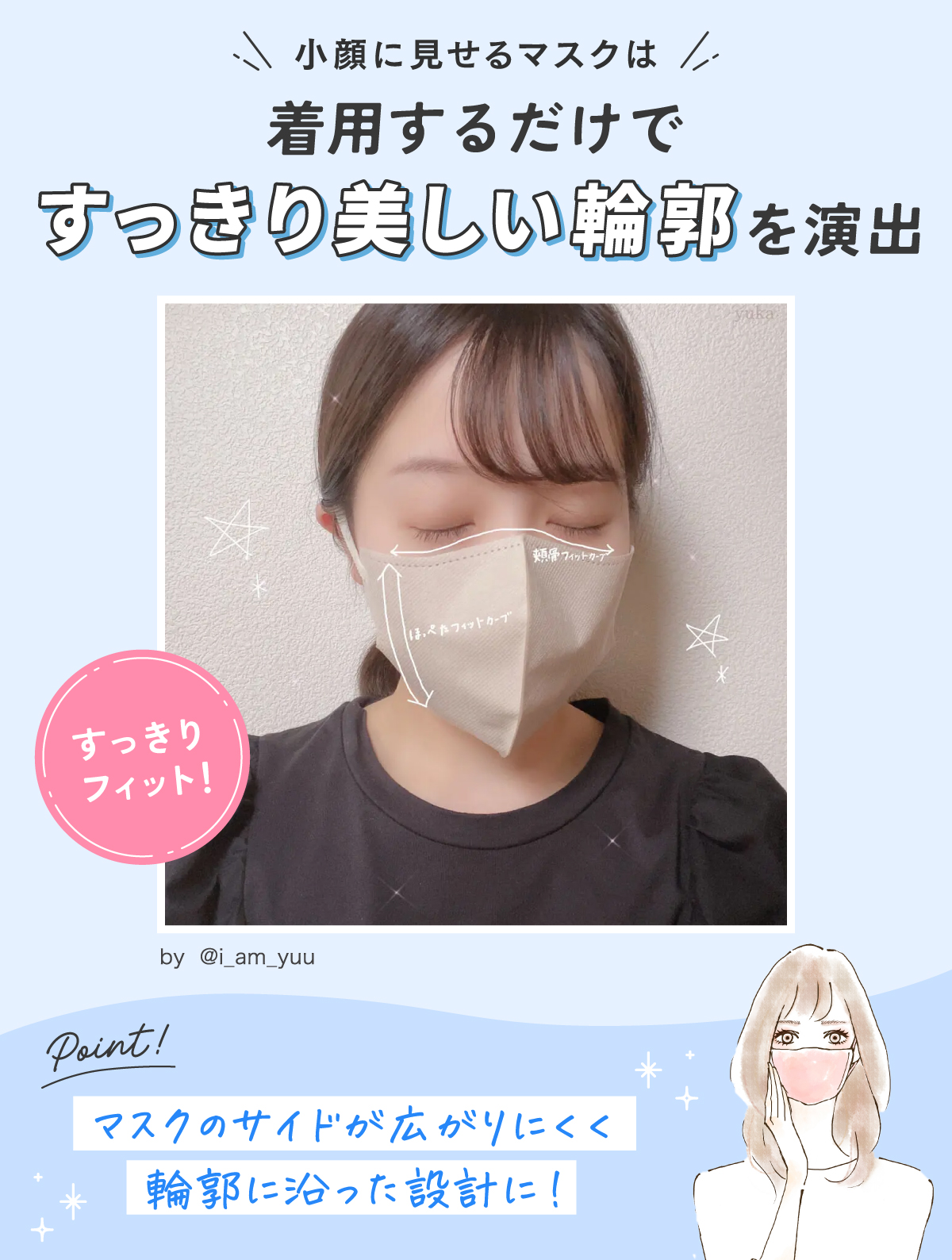 小顔に見せるマスクは、着用するだけですっきり美しい輪郭を演出。マスクのサイドが広がりにくく輪郭に沿った設計がポイント！