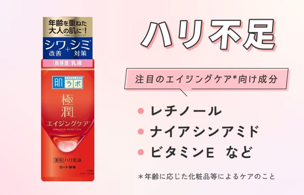 ハリ不足に注目のエイジングケア*向け成分はレチノール・ナイアシンアミド・ビタミンEなどです。*年齢に応じた化粧品等によるケアのこと