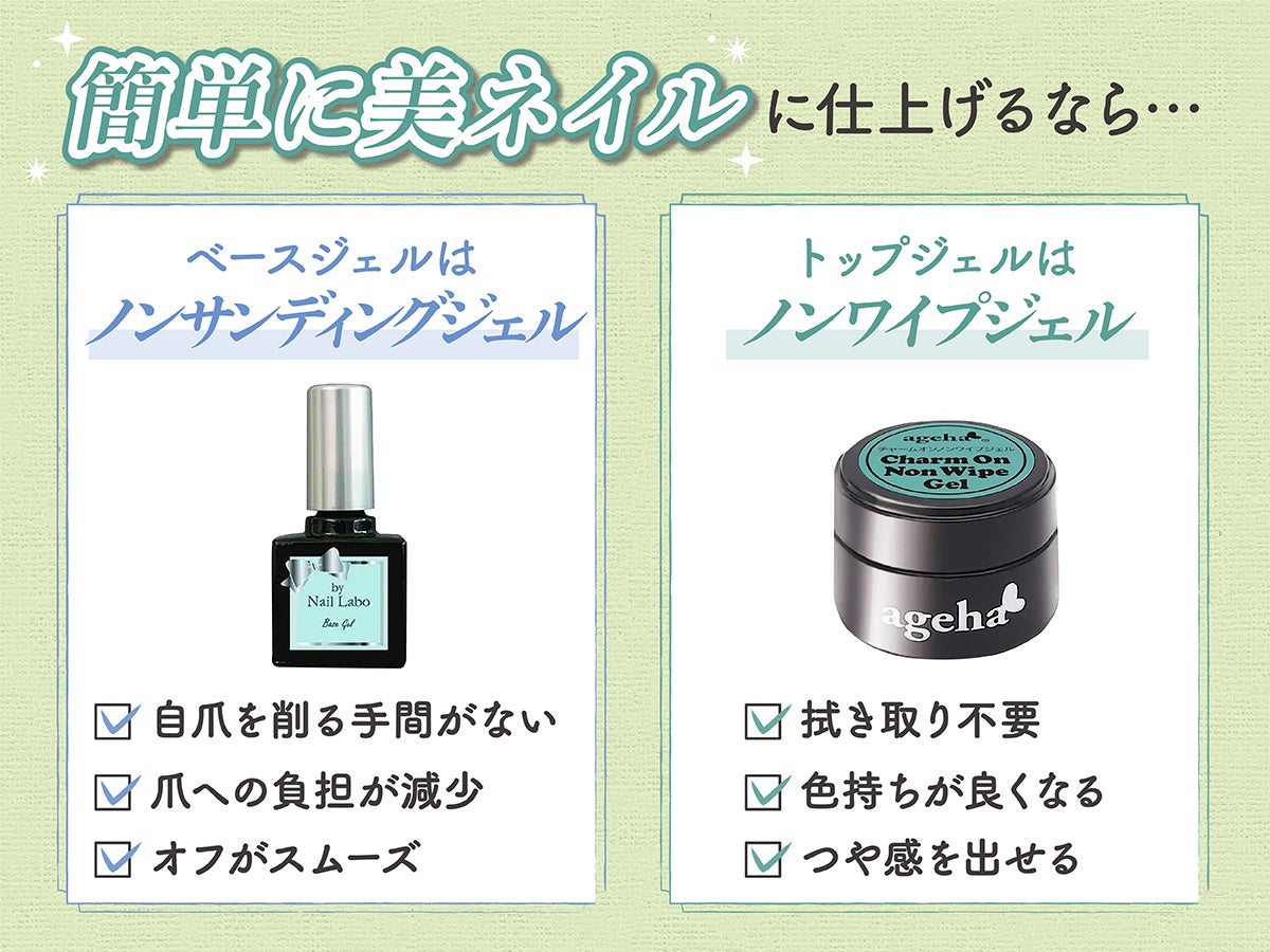 簡単に仕上げたいなら、ベースジェルには自爪を削る手間が不要なノンサンディングジェルがおすすめです。爪への負担が減少してオフもスムーズです。トップジェルは拭き取り不要ノンワイプジェルがおすすめ。