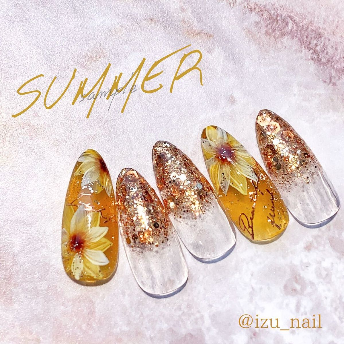 #ひまわりネイル,#夏ネイル,#セルフネイル,#趣味ネイル,#ニュアンスネイル,#シンプルネイル,#友達ネイル,#夏ネイル,#おしゃれネイル,#シアーカラーネイル,#くすみネイル,#大理石ネイル,#姫路ネイル,#姫路ブライダルネイルのネイルデザイン