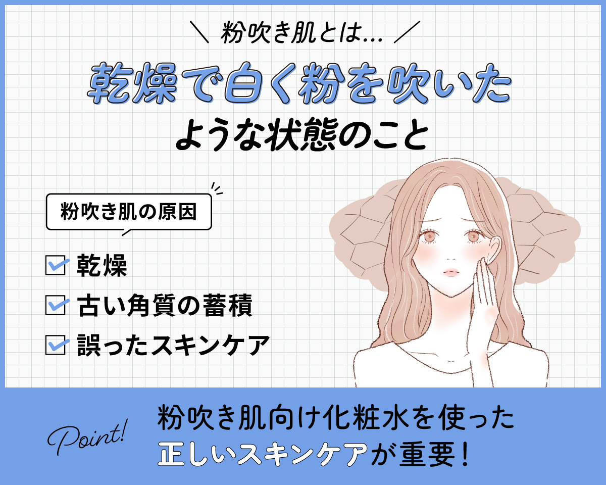 粉吹き肌とは乾燥で白く粉を吹いたような状態のこと。粉吹き肌の原因は乾燥・古い角質の蓄積・誤ったスキンケアです。粉吹き肌向け化粧水を使った正しいスキンケアが重要！
