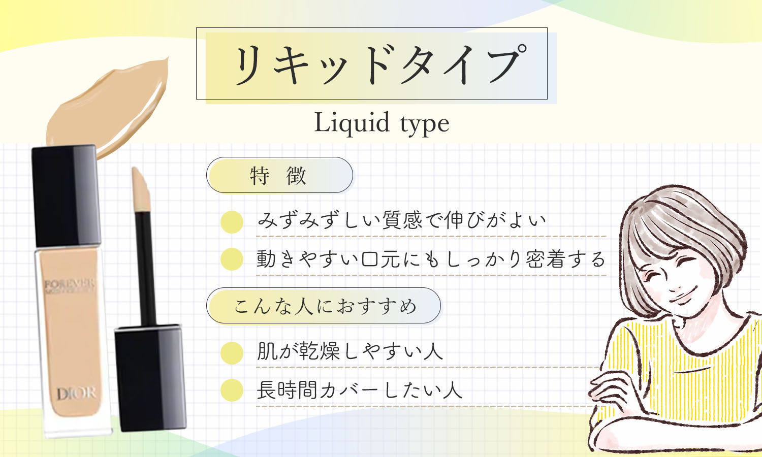 リキッドタイプはみずみずしい質感で伸びがよく動きやすい口元にもしっかり密着するのが特徴です。肌が乾燥しやすい人や長時間カバーしたい人におすすめ。