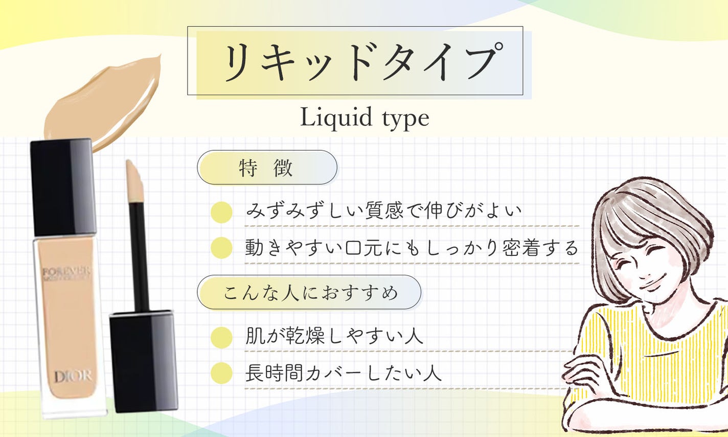 リキッドタイプはみずみずしい質感で伸びがよく動きやすい口元にもしっかり密着するのが特徴です。肌が乾燥しやすい人や長時間カバーしたい人におすすめ。