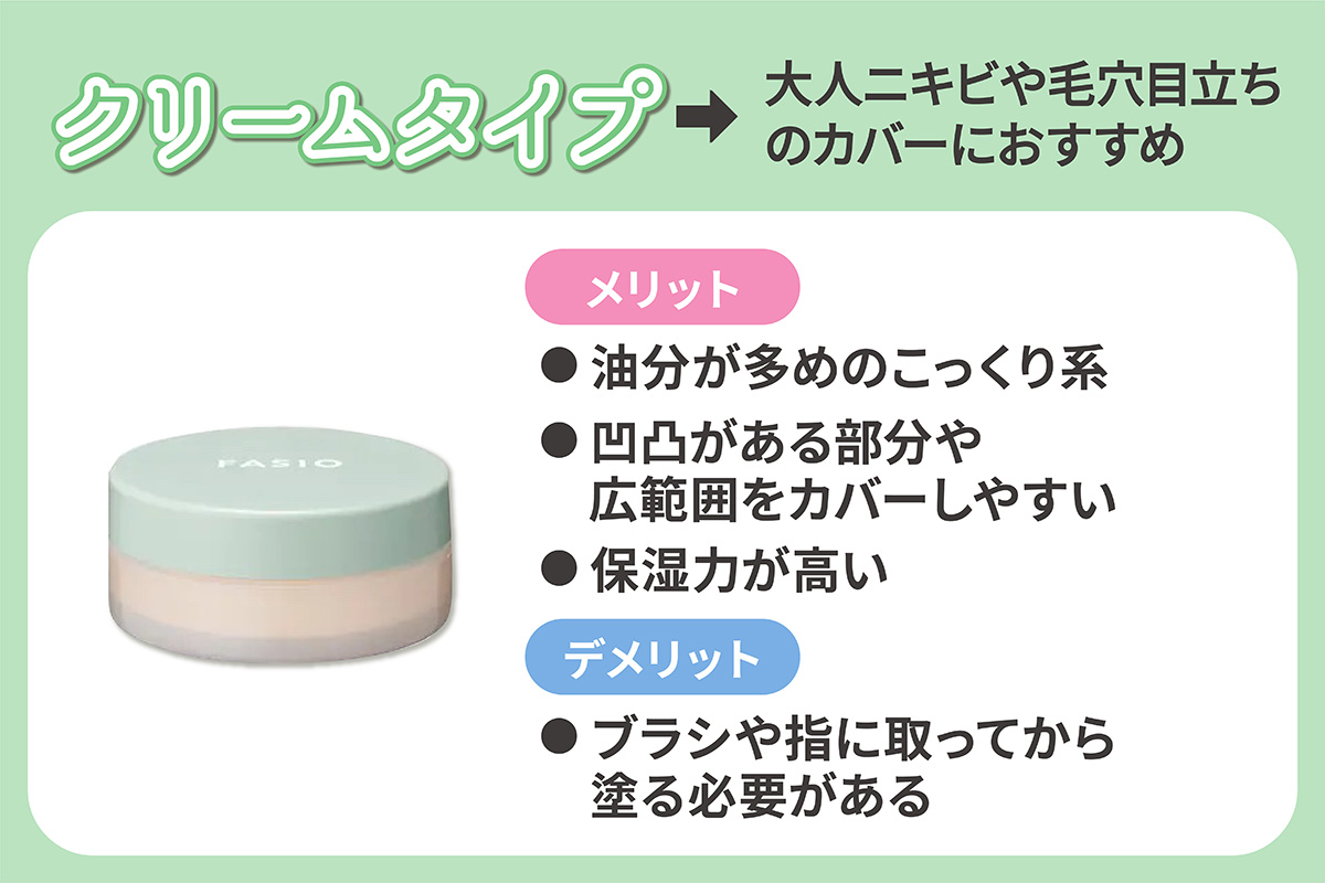 クリームタイプ は大人ニキビや毛穴目立ちのカバーにおすすめ。油分が多めのこっくり系で凹凸がある部分や広範囲をカバーしやすく保湿力が高いのがメリット。デメリットはブラシや指に取ってから塗る必要がある。