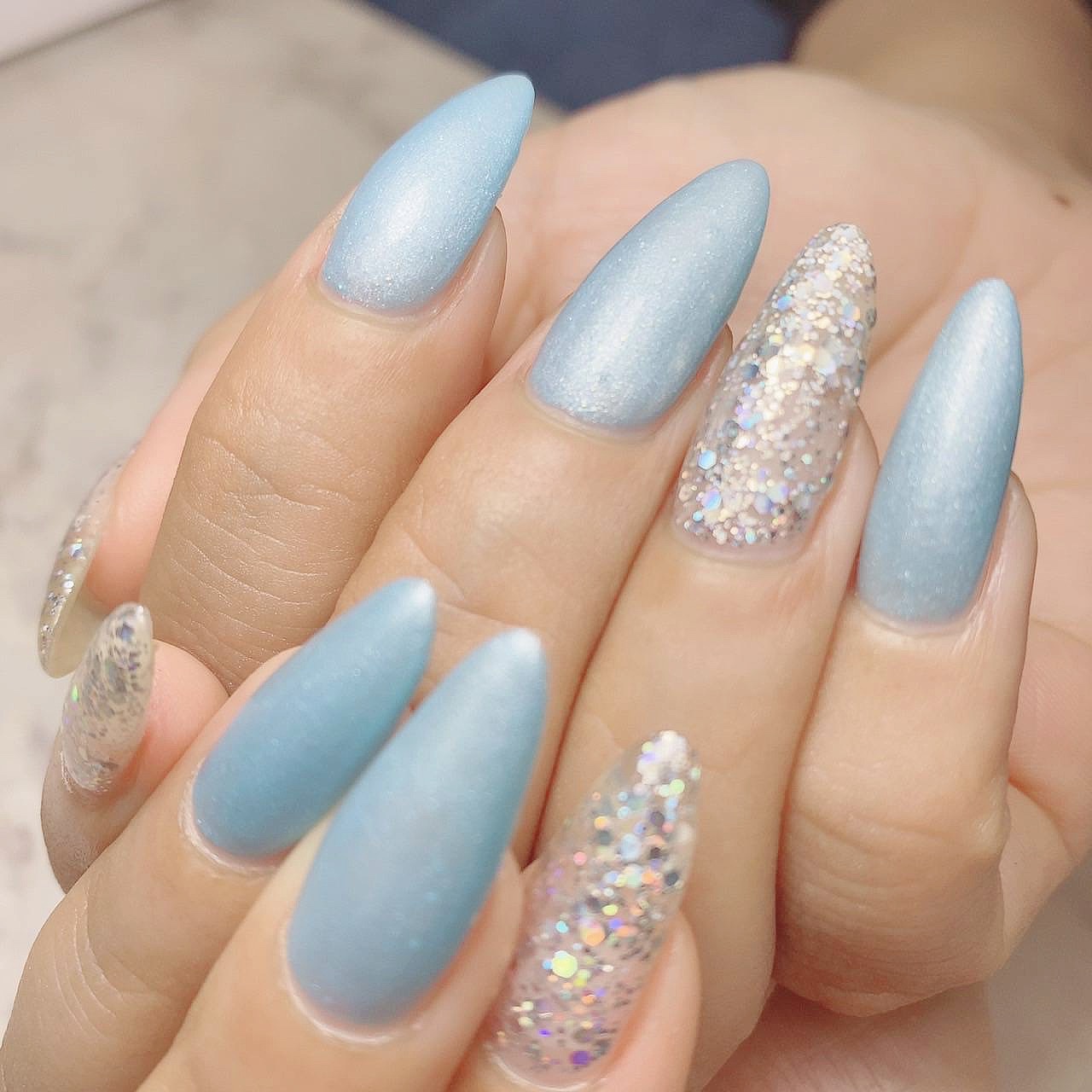 #ネイル,#ジェルネイル,#水色ネイル,#ロングネイル,#爽やかネイルのネイルデザイン