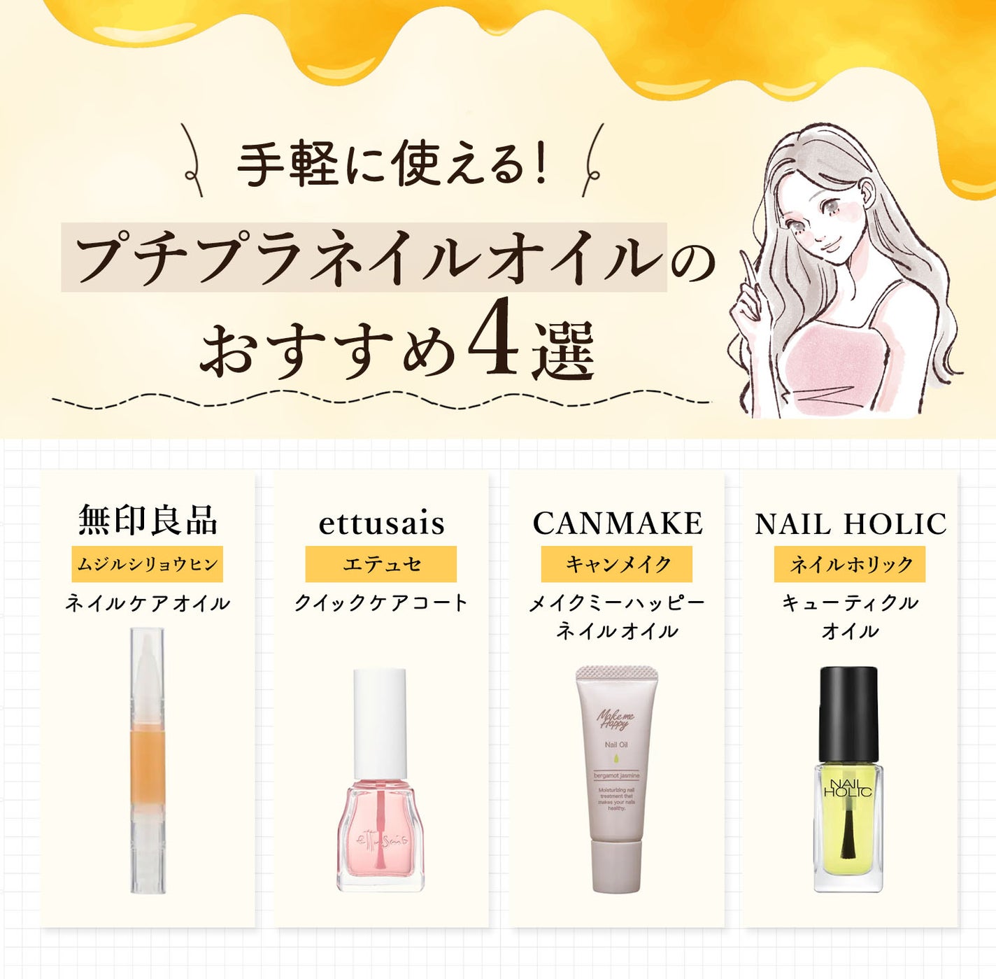 手軽に使える!プチプラネイルオイルのおすすめ4選。無印良品(ムジルシリョウヒン)ネイルケアオイル・ettusais(エテュセ)クイックケアコート・CANMAKE (キャンメイク)・メイクミーハッピー ネイルオイル・NAIL HOLIC(ネイルホリック)キューティクルオイル。