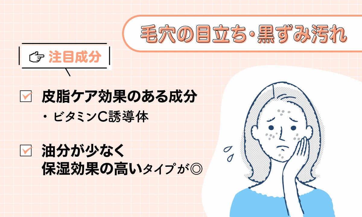 毛穴の開き・黒ずみ汚れの注目成分。ビタミンC誘導体など皮脂の抑制効果のある成分や、油分が少なく保湿効果の高いタイプがおすすめ。