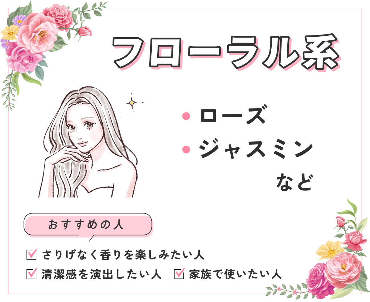 ローズやジャスミンなどのフローラル系はさりげなく香りを楽しみたい人・清潔感を演出したい人・家族で使いたい人におすすめ。