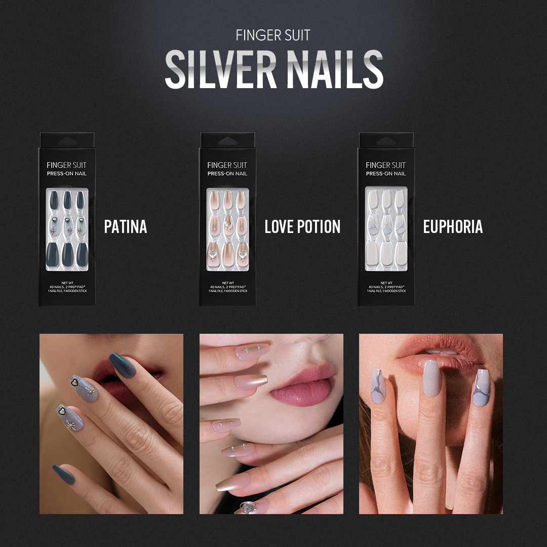 FINGER SUIT】＼KPOPアイドル愛用のネイルチップ／『シルバーネイル3点