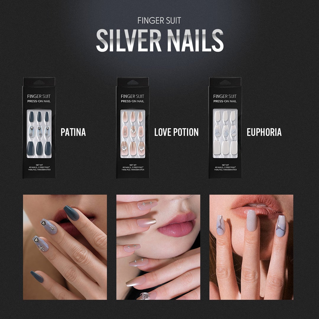 FINGER SUIT】\KPOPアイドル愛用のネイルチップ/『シルバーネイル3点 FINGER SUIT】\KPOPアイドル愛用のネイルチップ/『シルバーネイル3点