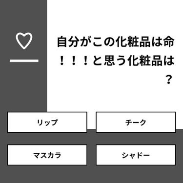 【質問】
自分がこの化粧品は命！！！と思う化粧品は？

【回答】
・リップ：50.0%
・チーク：8.3%
・マスカラ：16.7%
・シャドー：25.0%

#みんなに質問

=============