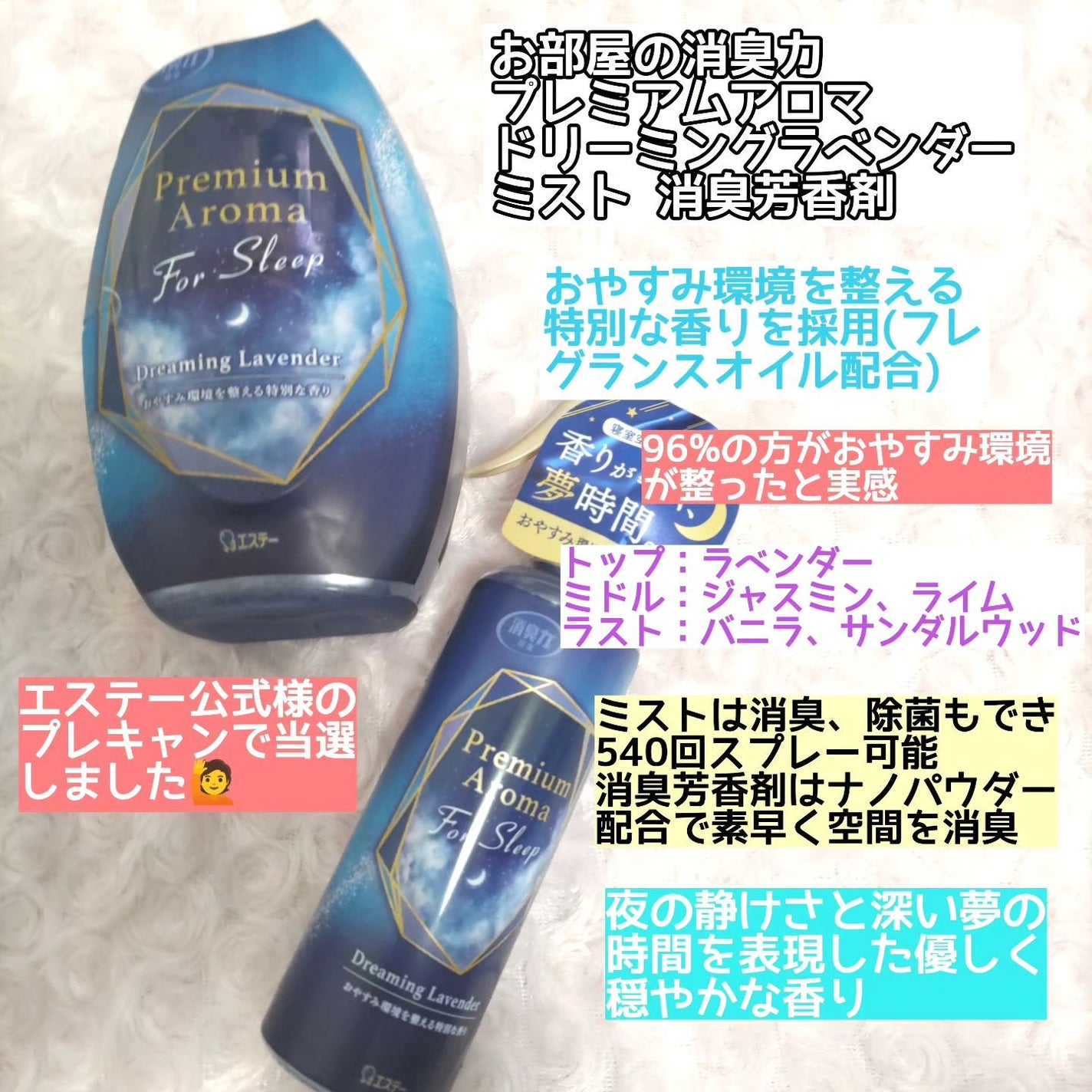 消臭力 Premium Aroma For Sleep 寝室用 ミスト ドリーミングラベンダー/エステー/ルームフレグランスを使ったクチコミ(2枚目)