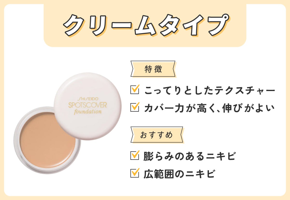 クリームタイプはこってりとしたテクスチャーでカバー力が高く、伸びがよいのが特徴。膨らみのあるニキビや広範囲のニキビにおすすめ。