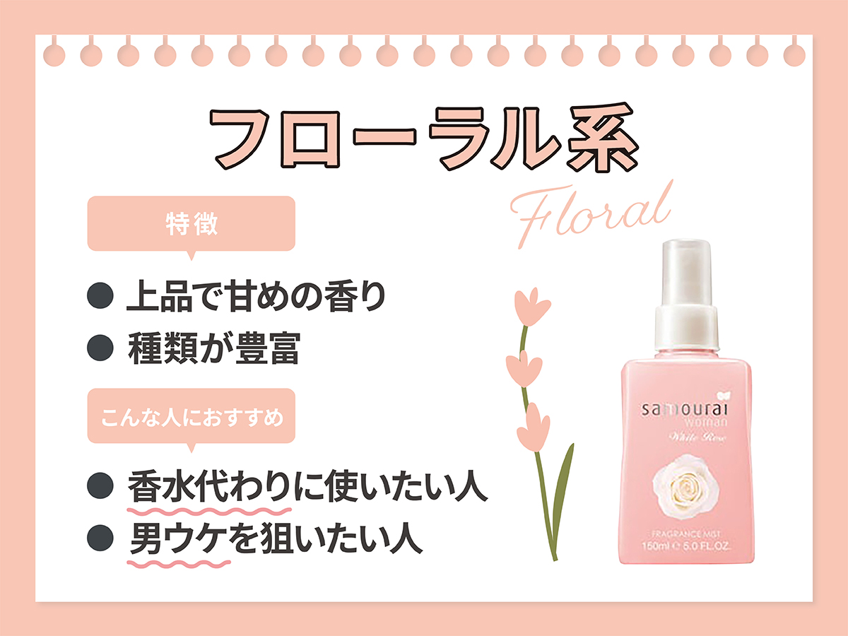 フローラル系は上品で甘めの香り。種類が豊富 。香水代わりに使いたい人 、男ウケを狙いたい人におすすめ。