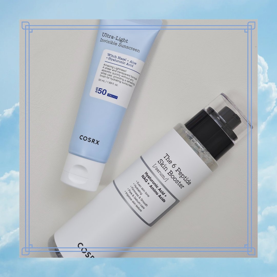 【(COSRX)ウルトラライト透明UVクリーム/RXザ・6ペプチドスキンブースターセラム】

ウルトラライト透明UVクリーム↓
水分補給をしながら肌を鎮静させてしっかりとUVカットしてくれる日焼け止め🫧
美容液のような軽いテクスチャで長時