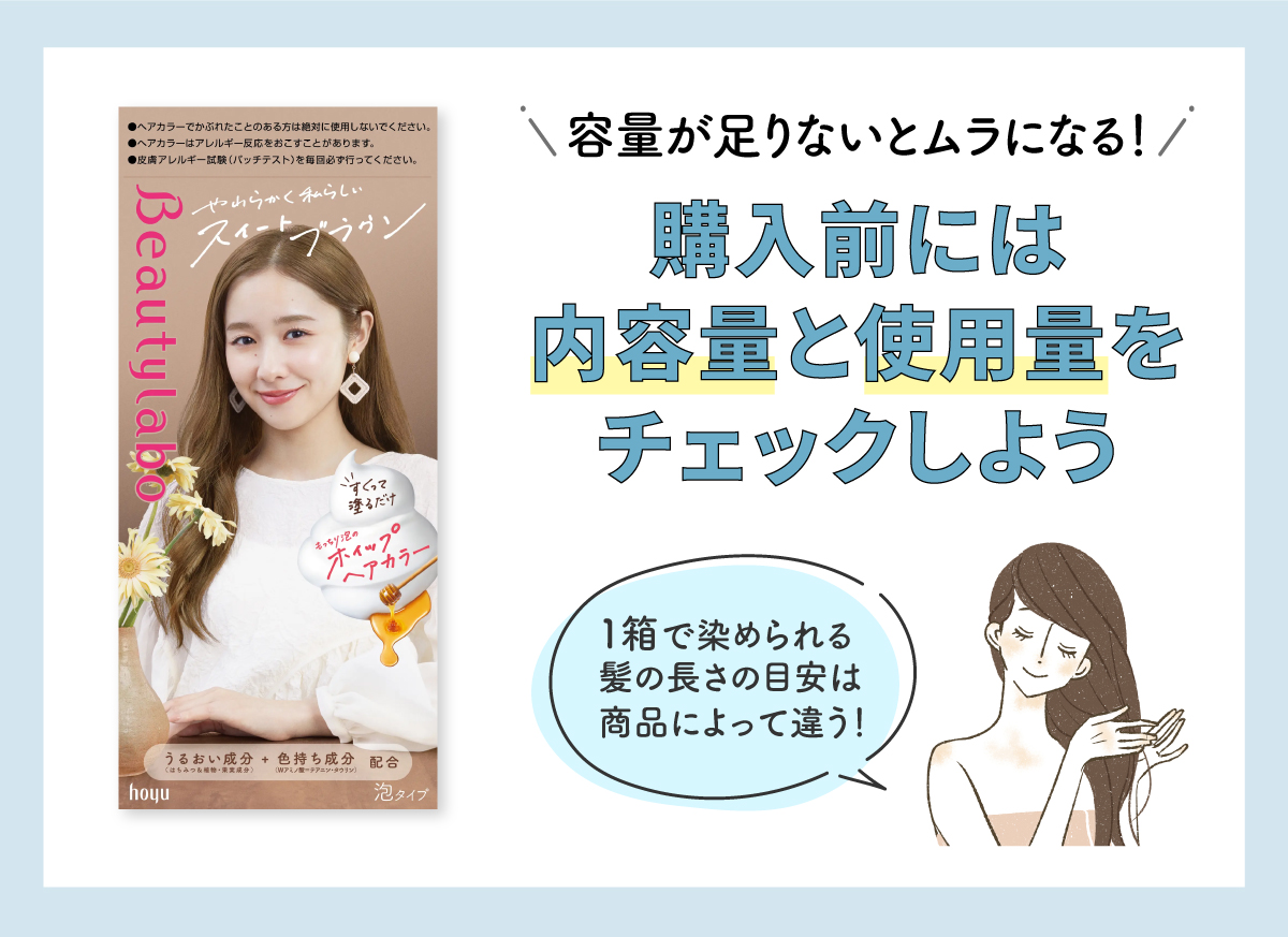 容量が足りないとムラになる！購入前には内容量と使用量をチェックしよう。1箱で染められる髪の長さの目安は、商品によって違う！