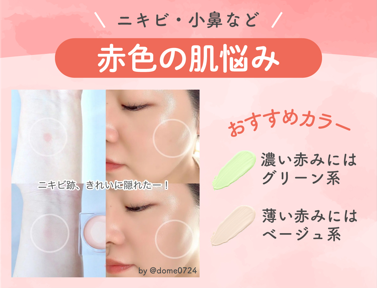 ニキビ・小鼻など赤色の肌悩みがある場合は濃い赤みにはグリーン系、薄い赤みにはベージュ系がおすすめ。
