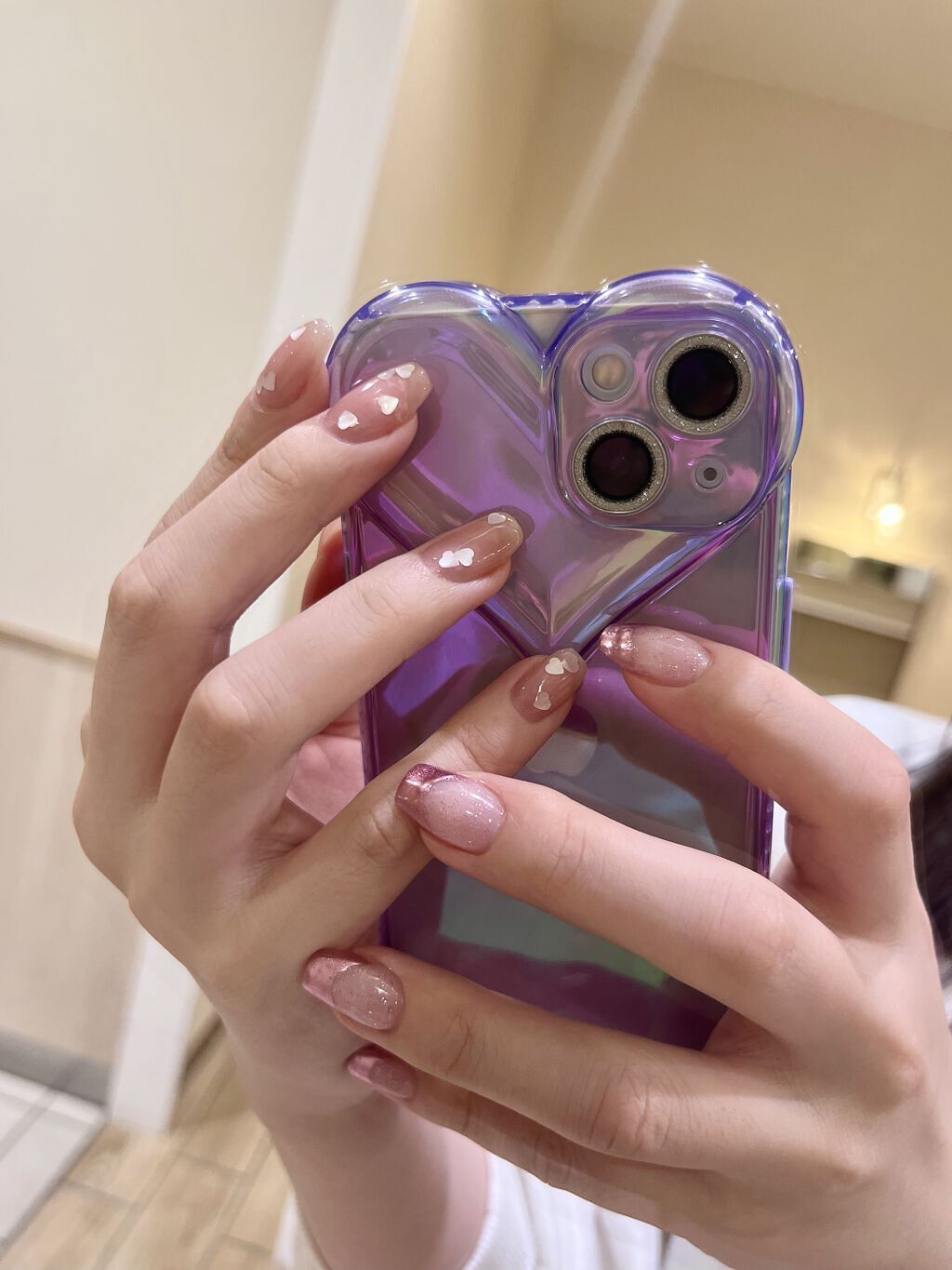 #ジェルネイル,#フレンチネイル,#ミラーネイル,#ハートネイル,#ピンクネイルのネイルデザイン