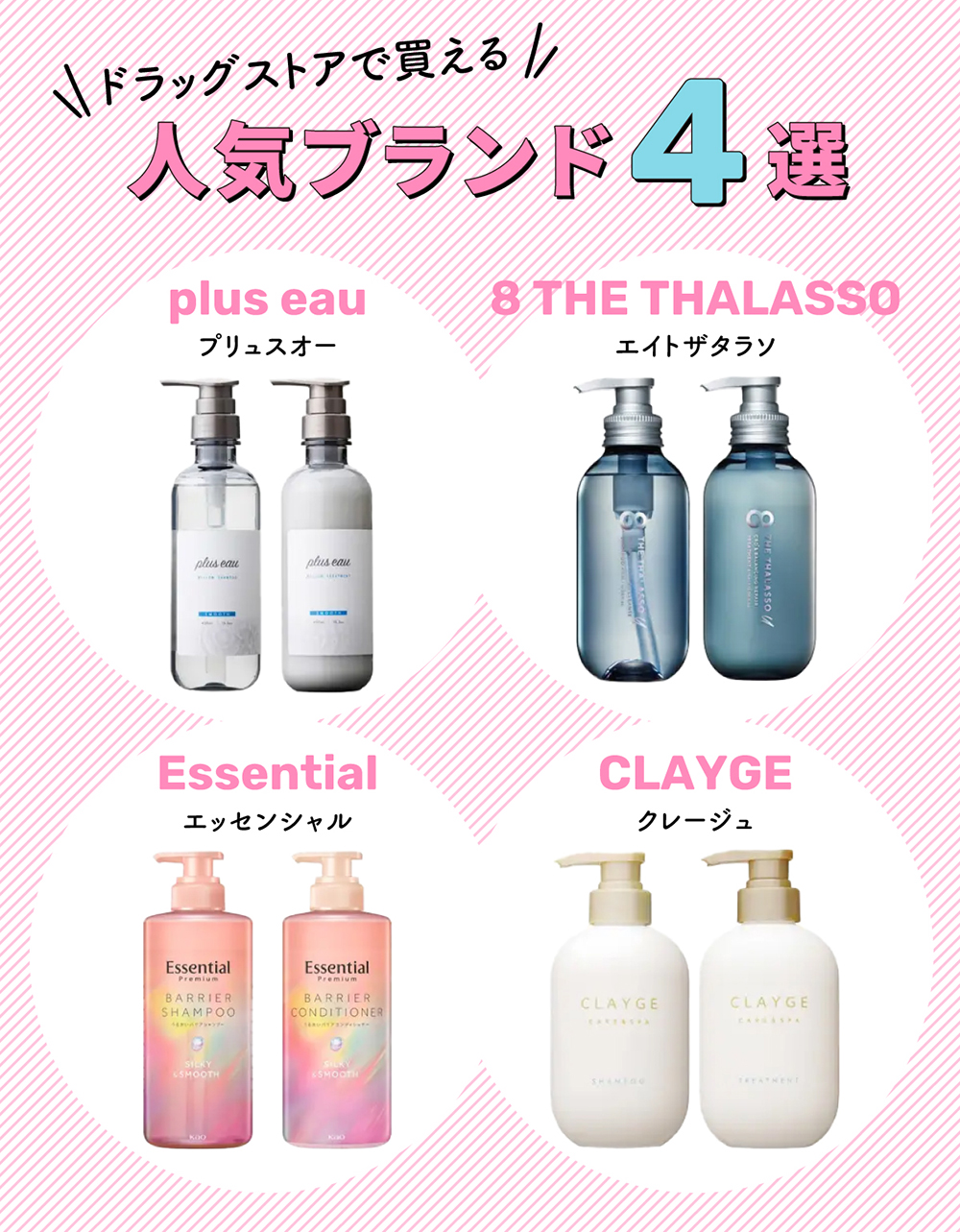 ドラッグストアで買える人気ブランド4選は、plus eau（プリュスオー）・8 THE THALASSO（エイトザタラソ）・Essential（エッセンシャル）・CLAYGE（クレージュ）。
