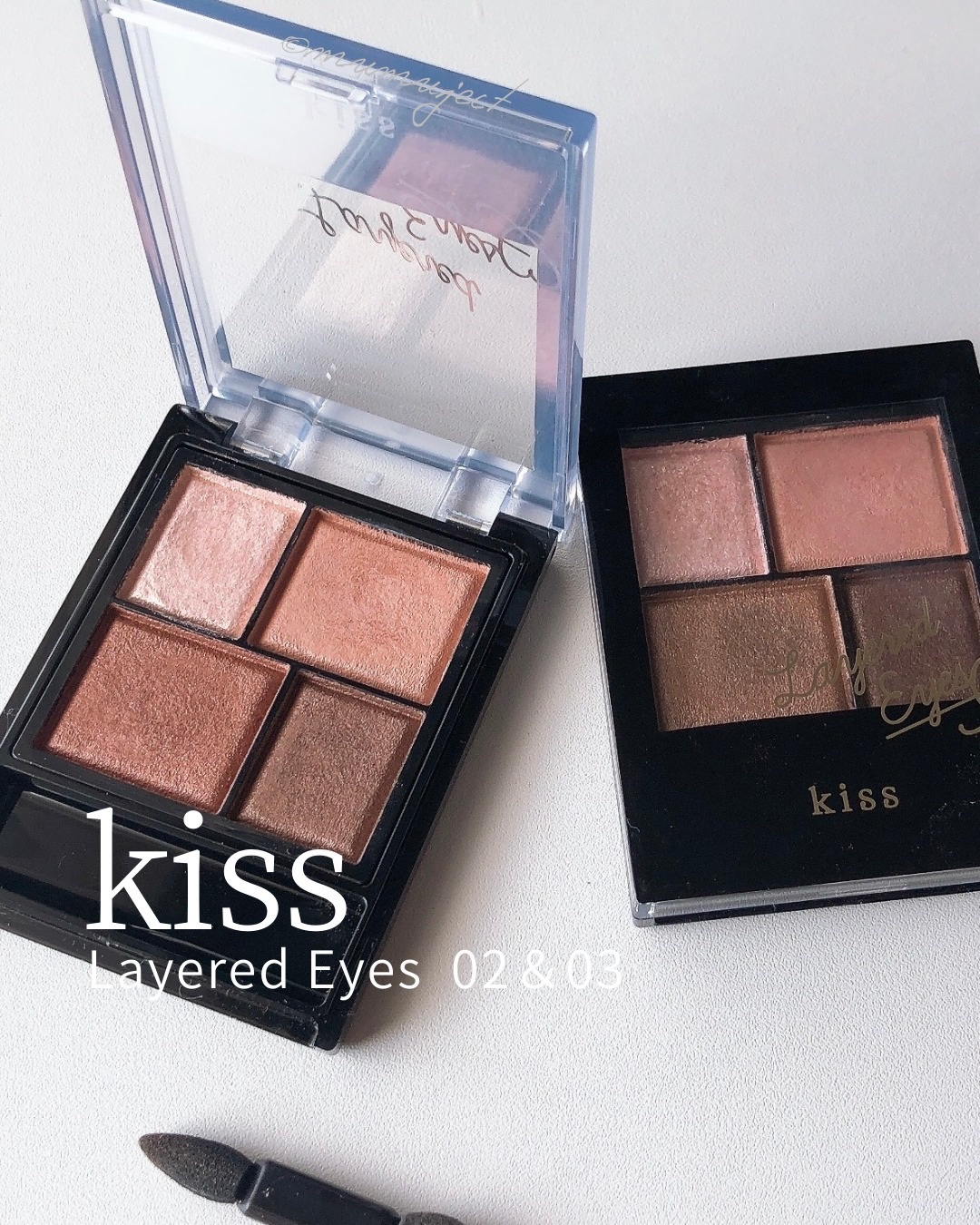 ✦ 02と03の色比較

■ kiss
レイヤードアイズ 全５種
------------------------------------

日本のプチプラのブラウンアイはエクセルやセザンヌが人気ですが、こちらのシリーズも可愛いんです。
セ