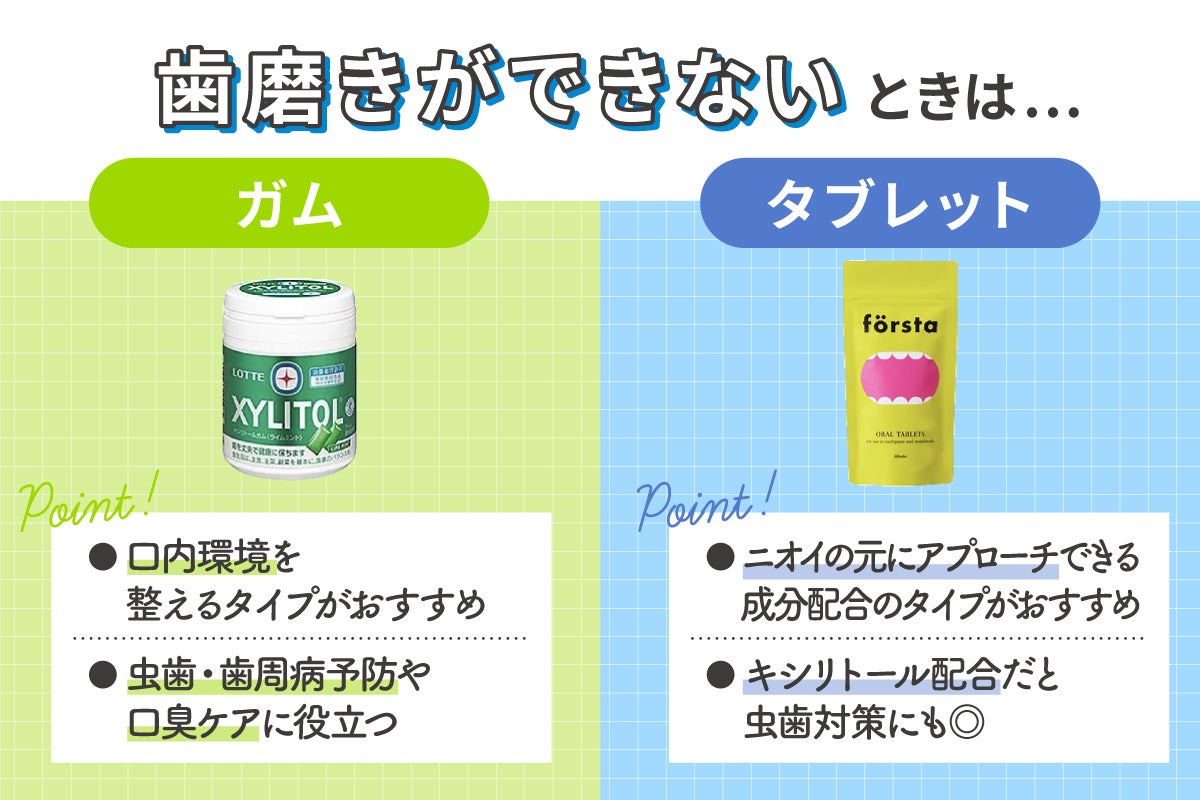 歯磨きができないときはガムとタブレットがおすすめ。ガムは​​口内環境を整える、タブレットはニオイの元にアプローチできる成分配合のものがおすすめです。