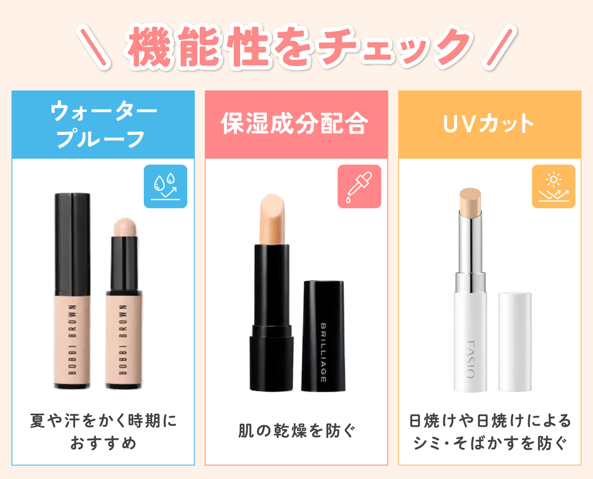 機能性をチェック。ウォータープルーフは夏や汗をかく時期におすすめ。保湿成分が配合されたものは肌の乾燥を防ぐ。UVカットは日焼けや日焼けによるシミ・そばかすを防ぐ。
