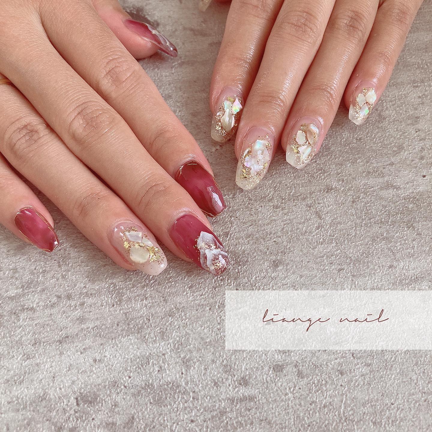 #リアンジェネイル,#柏ネイル,#ネイル,#ニュアンスネイル,#赤ネイル,#アシメネイル,#春ネイル,#シェルネイルのネイルデザイン