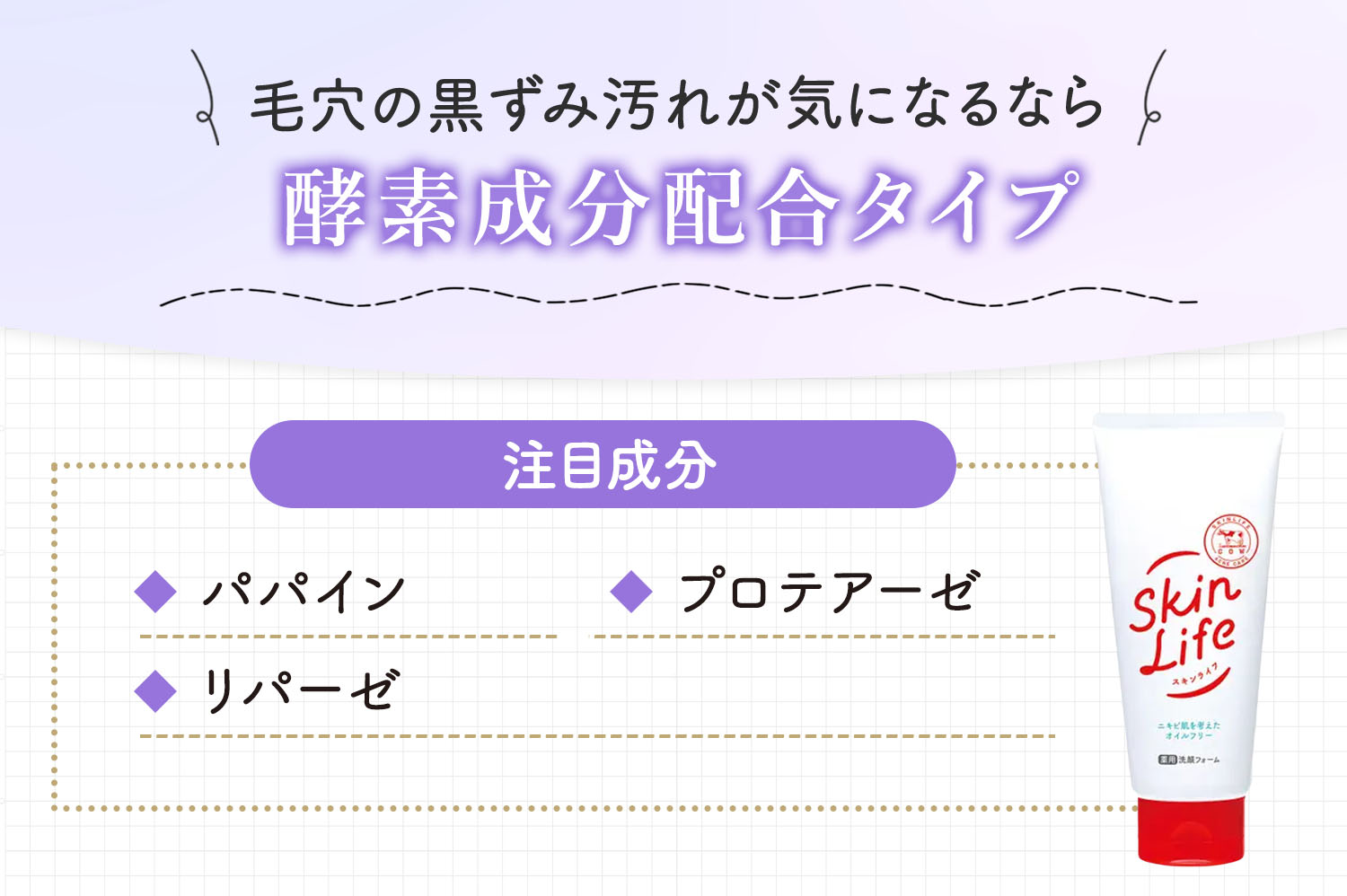 毛穴の黒ずみ汚れが気になるなら酵素成分配合タイプ。注目成分はパパイン・プロテアーゼ・リパーゼです。