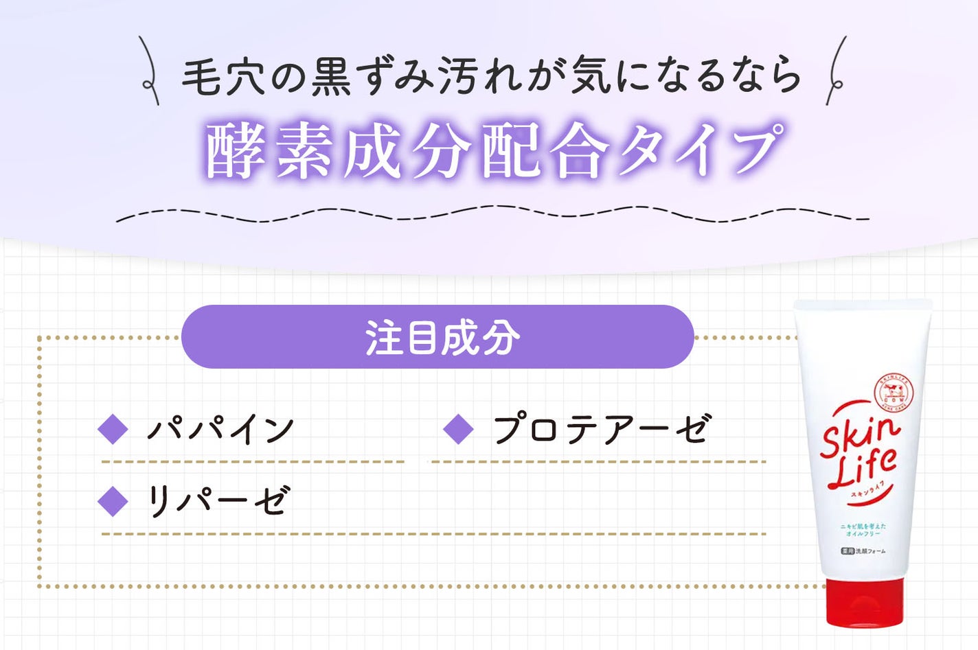 毛穴の黒ずみ汚れが気になるなら酵素成分配合タイプ。注目成分はパパイン・プロテアーゼ・リパーゼです。