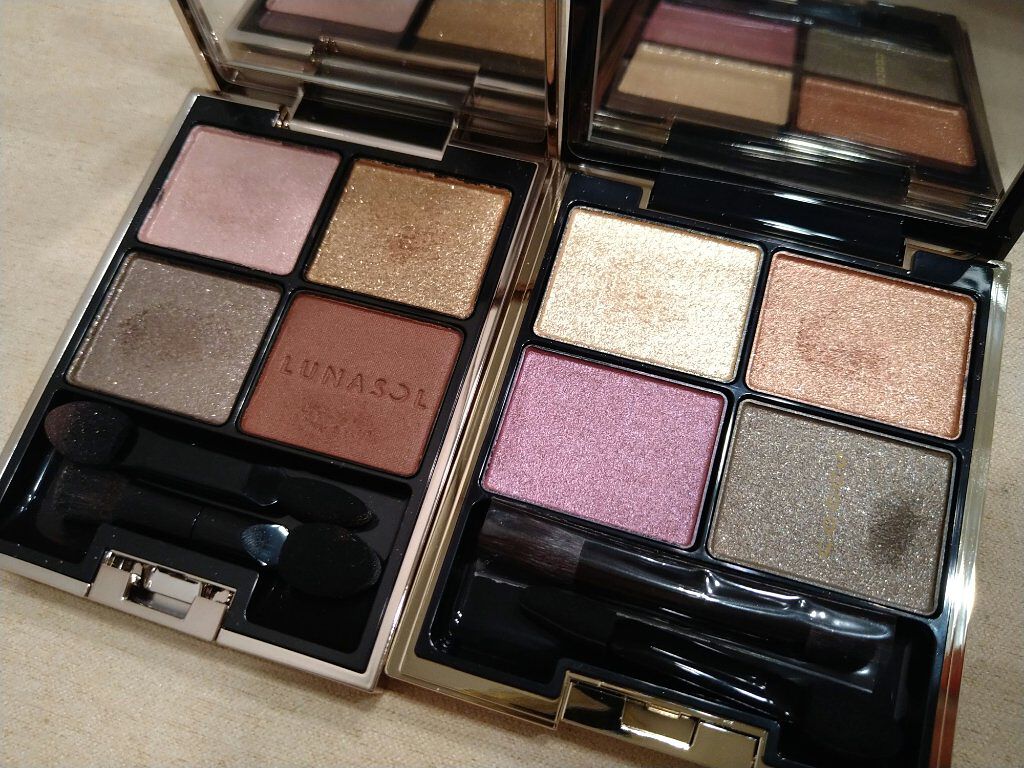 🌟ゴールドラメ比較🌟
①LUNASOL アイカラーレーション ヴィンテージローズ 右上
②SUQQU デザイニングカラーアイズ 蜻蛉玉 左上

2枚目→蜻蛉玉スウォッチ
3枚目→上がSUQQU、下がLUNASOL

LUNASOLのゴー