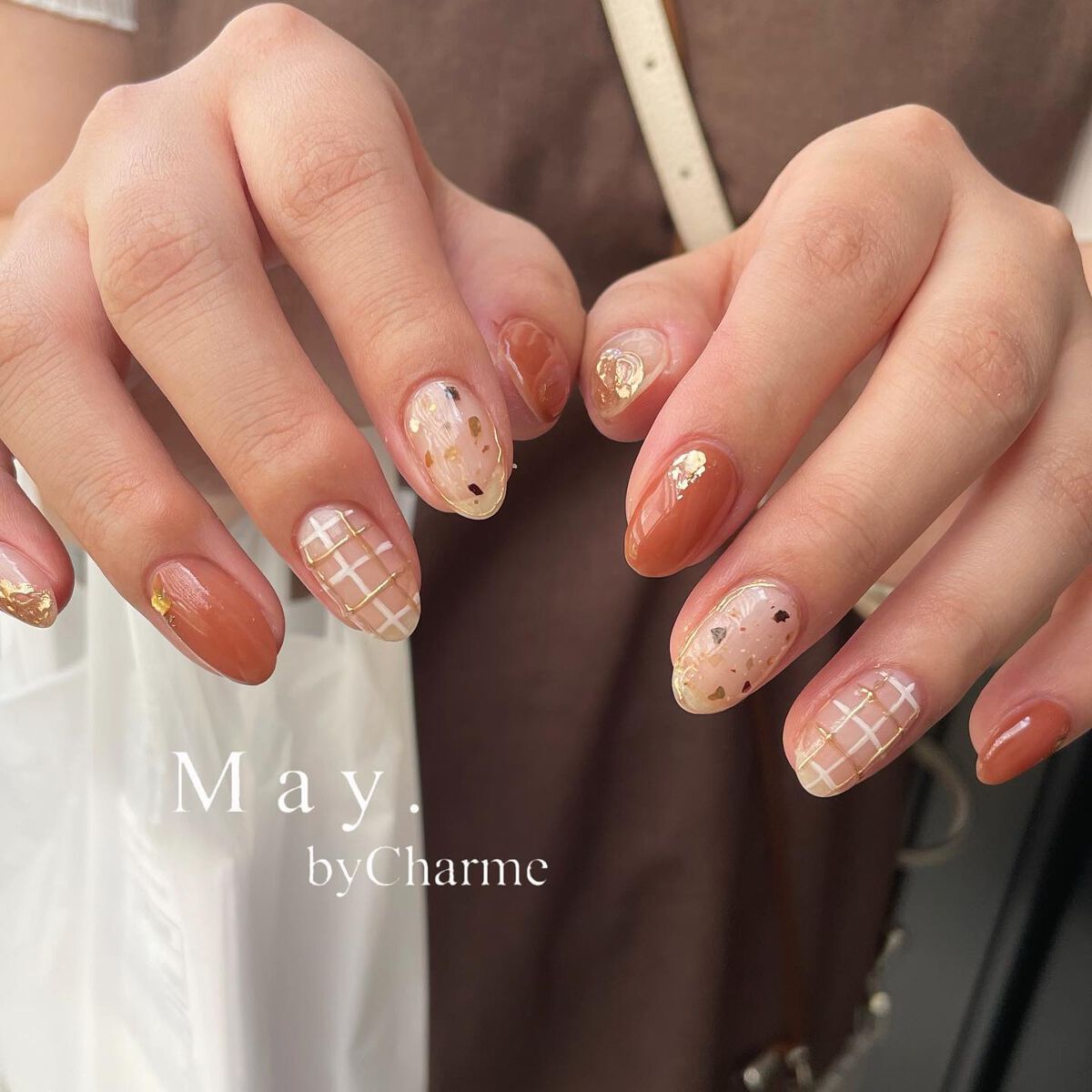 #テラコッタネイル,#オレンジネイル,#チェックネイル,#秋ネイル,#ニュアンスネイルのネイルデザイン