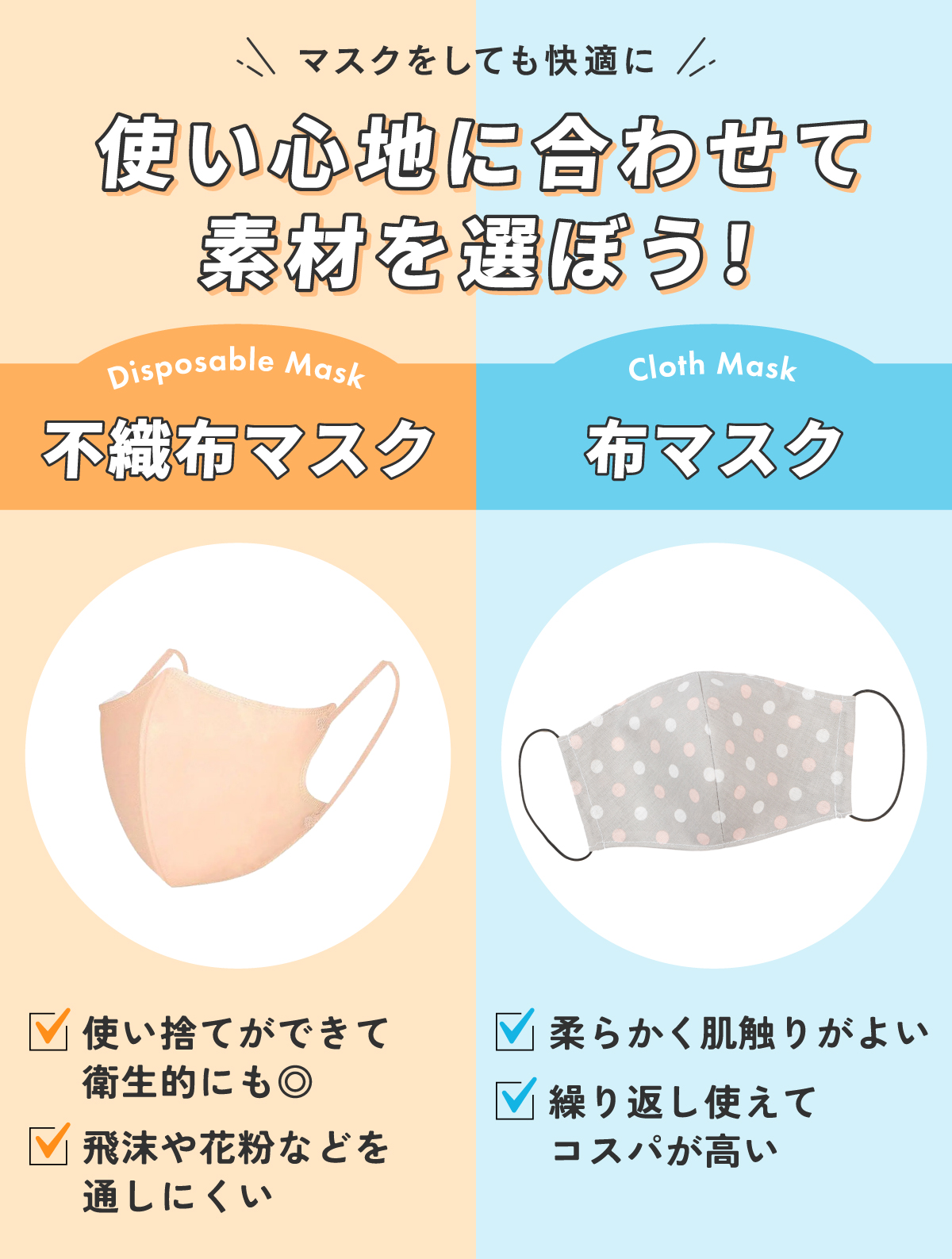 マスクをしても快適に。使い心地に合わせて素材を選ぼう！不織布マスクは使い捨てができて衛生的にもおすすめで、飛沫や花粉などを通しにくい。布マスクは柔らかく肌触りがよいことと、繰り返し使えてコスパが高い。