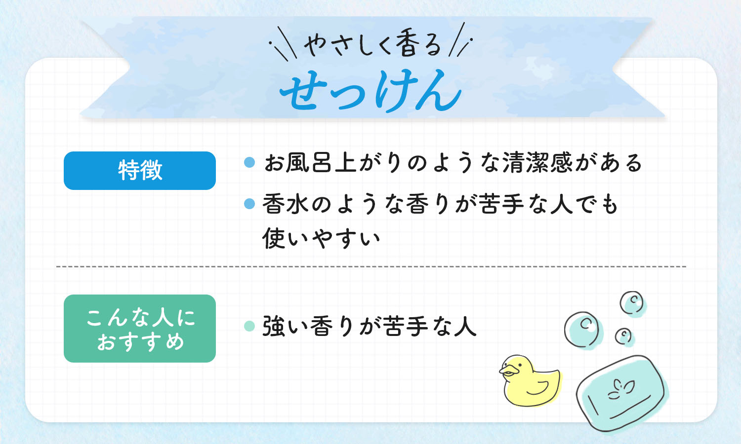 やさしく香る石鹸はお風呂上がりのような清潔感があり、香水のような香りが苦手な人でも使いやすいのが特徴。強い香りが苦手な人におすすめ。