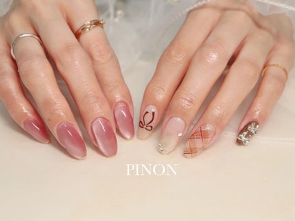 #リボンネイル,#マグネットネイル,#チェックネイル,#秋ネイルのネイルデザイン