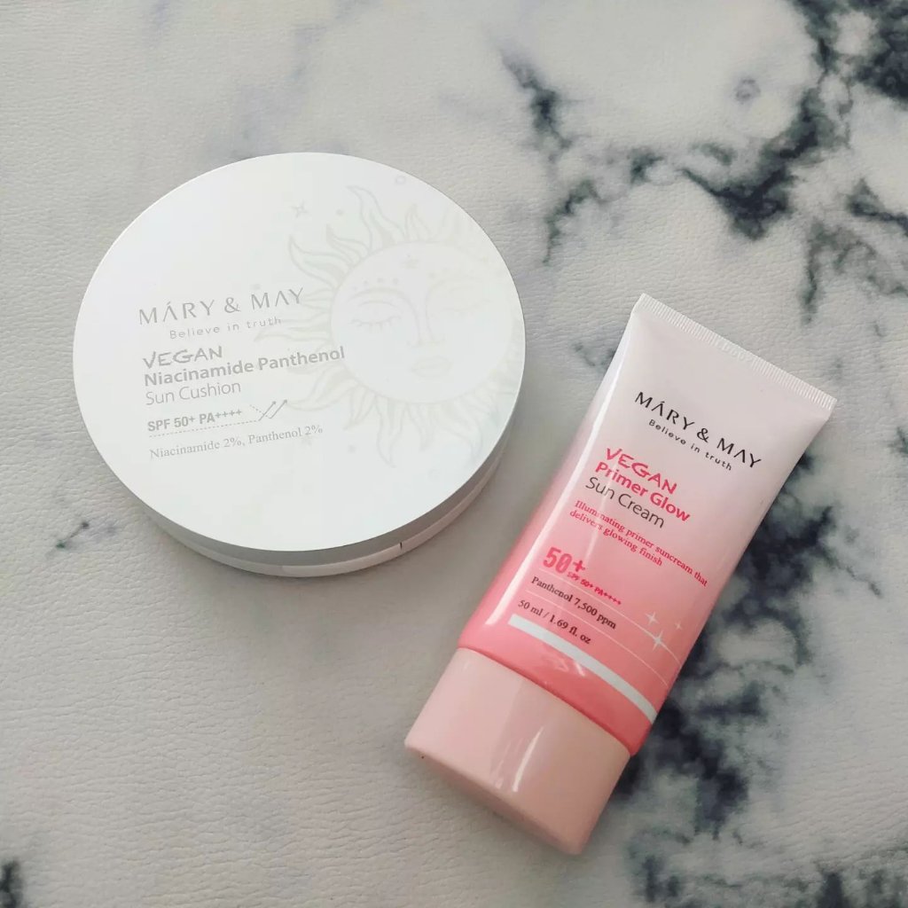 MARY&MAY ヴィーガンプライマーグロウ サンクリームのクチコミ「＜マリーアンドメイ ヴィーガンプライマーグロウ日焼け止め＞
＜マリーアンドメイ ヴィーガンナイ.....」（1枚目）