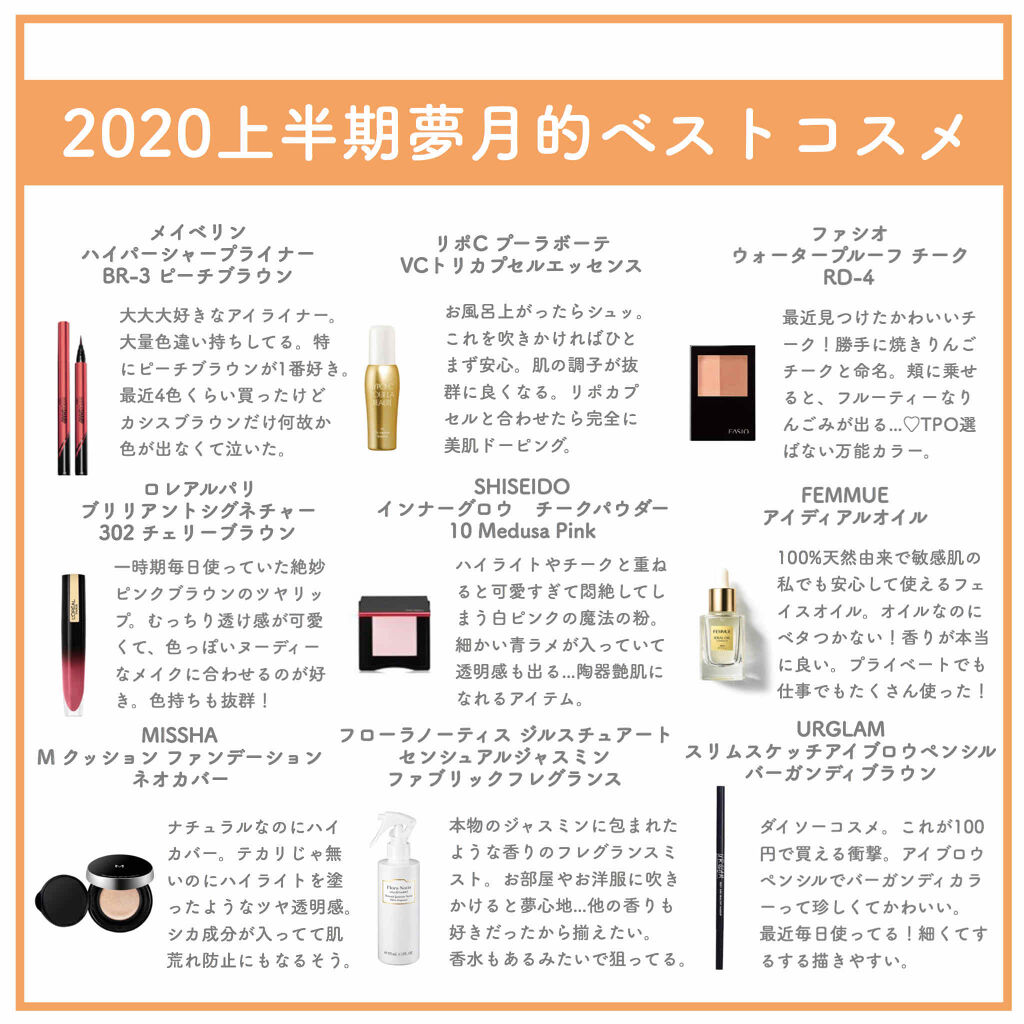 ヘアメイク夢月♡2020上半期ベスコス第四弾！

ヘアメイクアップアーティストとして活動している私が2020上半期で出会ったコスメで気に入ったものをまとめました💓

いつ見返しても購入できるよう、限定アイテムは入れておりません！

第一弾
