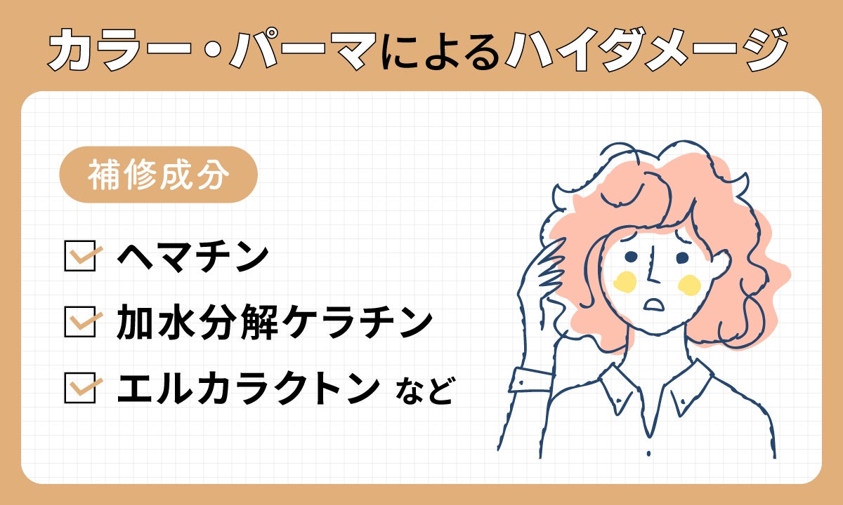 カラー・パーマによるハイダメージにはヘマチン、加水分解ケラチン、エルカラクトンなどの補修成分がおすすめ。
