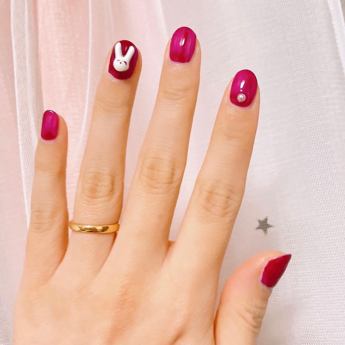 #ジェルネイル,#セルフネイル,#うさぎネイル,#卯年ネイル,#新春ネイル,#ワンカラーネイルのネイルデザイン