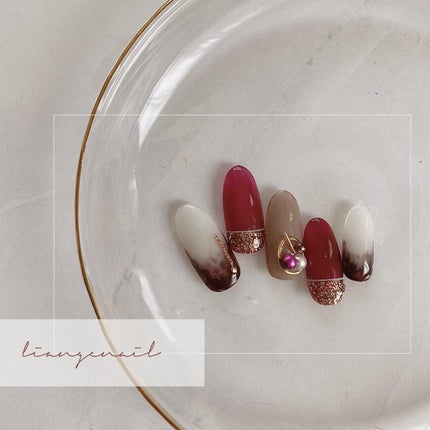 #リアンジェネイル,#柏ネイル,#ネイル,#秋ネイル,#ニュアンスネイル,#赤ネイル,#透け感ネイルのネイルデザイン