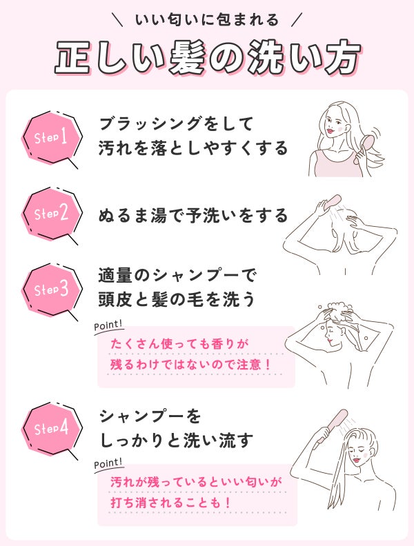 いい匂いに包まれる正しい髪の洗い方。ブラッシングをして汚れを落としやすくしてぬるま湯で予洗いをする。たくさん使っても香りが残るわけではないので適量のシャンプーで頭皮と髪の毛を洗う。汚れが残っているといい匂いが打ち消されることもあるのでシャンプーをしっかりと洗い流す。